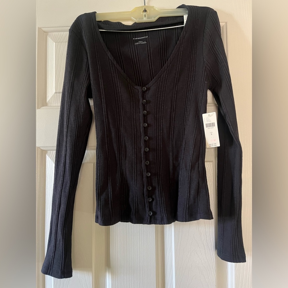 Anthropologie Black Ribbed Button-Front Long Sleeve Top